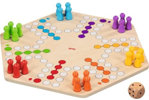 goki 56298 – Ludo für bis zu 6 Spieler aus Holz – Gesellschaftsspiel im XL-Format, Durchmesser ca. 34 cm, beidseitig bespielbar