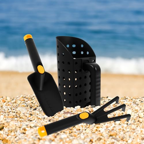 3Pcs Plastic Sand Scoop Shovel and Rake for Metal Detecting and Treasure Hunting, Professional Deep Detection Sand Sifter Treasure Digging Tool for Adults Kids Gardening Camping Hiking(black)