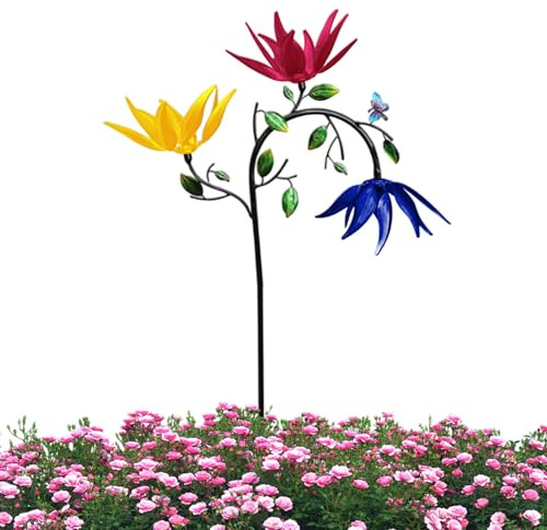 Moulin à vent en métal - 95 x 30 cm - Décoration de jardin - Multicolore - Double rotation - Pour jardinières de balcon