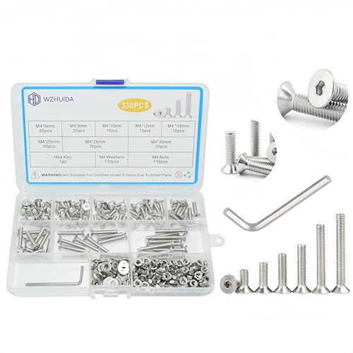 WZHUIDA 330 Pcs M4 Screws Assortment Kit, M4x6mm/8mm/10mm/12mm/16mm/20mm/25mm/30mm, Metric Hex Flat Head Countersunk Screws Nuts Washers Kit with Wrench, 304 Stainless Steel
