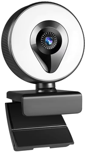 Fangxuee Cámara Web Full HD 1080P con Transmisión en, Luz LED de Relleno, 30 FPS, Micrófonos, Enfoque Automático, USB, para Computadora y PC.