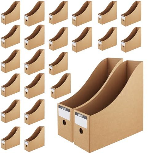 PINGEUI 24 Pack Magazine File Holder, 27x26x9cm Cardboard Magazine Holders with Labels for School, Dormitory, Office and Home, Brown