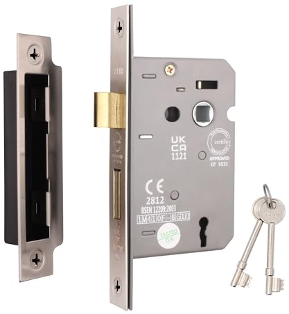 EAI Satin Nickel Sashlock, 64mm / 2.5 Inch, Fire Rated | Mortice Lock for Internal Doors with 44mm Backset, 30/60 Minute Fire Tested, Adjustable Keep, Dust Box and Fixings Included