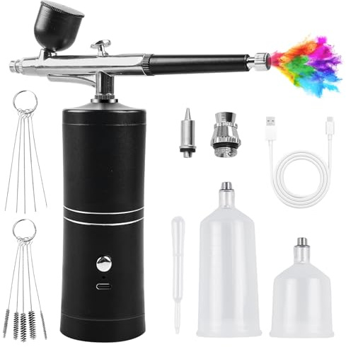 Airbrush Set mit Kompressor, Tragbares Kabelloses Airbrush-Kit, Wiederaufladbare Airbrush Kit, Multifunktions Dual Action Spritzpistole Set für Nagelkunst, Tattoos, Make-up, Modellmalerei (Schwarz)