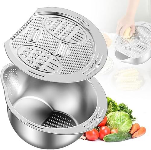 Reissieb Edelstahl Reis Waschschüssel Multi-functional Siebkorb mit Seitlichen Abtropfflächen und Gemüseschäler, Küchensiebkorb mit Ausgießer für Quinoa Obst Nudeln Gemüse Linsen Bohnen Müsli