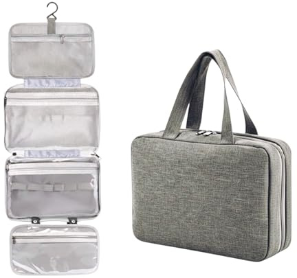 Neceser de Viaje Colgante Impermeable | Organizador de Maquillaje y Aseo con Múltiples Compartimentos y Gancho Resistente | Bolsa de Aseo para Mujer y Hombre (Gris 27×18×8 cm)