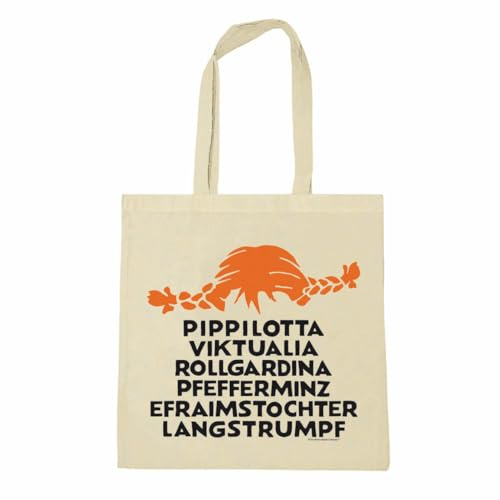 Logoshirt® Pippi Langstrumpf Baumwolltasche – Stoffbeutel aus 100% Baumwolle ‚Pippilotta Viktualia Rollgardina Efraimstochter Langstrumpf‘ – Einkaufstasche/Jutebeutel in Natur