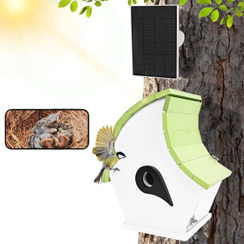 PANTSLINE Solar Powered Bird House with Camera, 1080P HD Outdoor Birdhouse with Auto-Capture of Nest Photos & Videos, Smart Bird House with 2.4G WiFi, Wooden Bird Houses