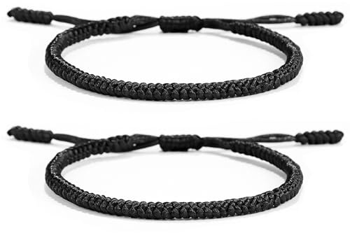 VBSYUYQ 2 Pcs Adjustable Black Woven Cord Bracelets for Couples Friends | 2 pack black adjustable woven cord bracelets, bohemian nylon rope bracelets for women men couple friends daily gift