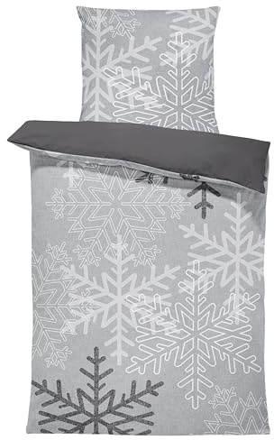 one-home Winter Biber Bettwäsche 155x220 cm Schneeflocken grau kuschelig Warm Baumwolle