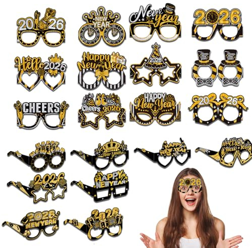 PIujsym Silvester Brille Set 2026 für Erwachsene und Jugendliche, Happy New Year Deko mit 20 Verschiedenen Partybrillen, Silvester Deko 2026 Foto Requisiten für Silvesterparty und Neujahr Feier