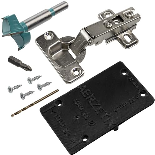 AERZETIX - Kit de 12 charnières invisibles à recouvrement total 110° avec gabarit de perçage Ø35 mm + foret à bois Ø35 mm + mèche à bois Ø 2.5 mm + 50 vis Ø3.5x16 et embout 1/4 PZ2