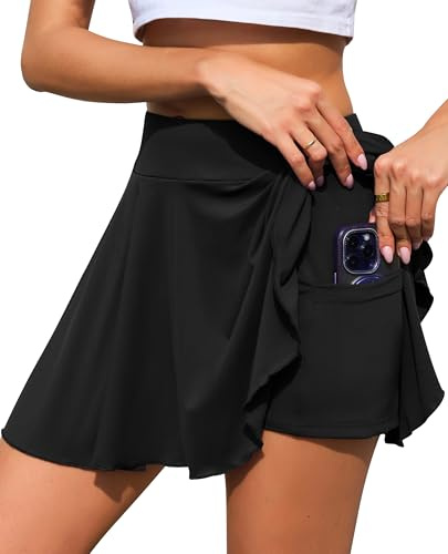Lovasy Gonna da Tennis Donna con Pantaloncini e Tasche Gonna Sportiva Plissettata Gonne da Golf a Vita Alta Gonna Corta da Corsa per Allenamento Running e Casual,A-Nero,L