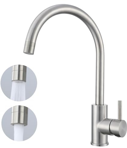 Premium 304 Stainless Steel Kitchen Tap, Single Lever Hot & Cold Control, Swan Neck Spout, Dual Function Spray & Aerated Stream Modes,Heavy Duty 1 Hole Kitchen Mixer Tap Sink Tap Brushed