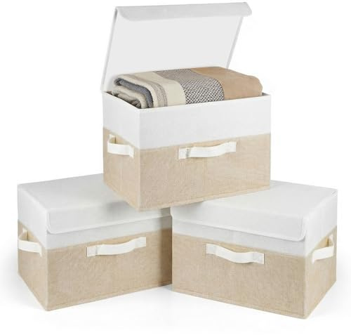 3 Stück Faltbare Aufbewahrungsbox mit Deckel, 38x24x24cm | Stoffboxen Aufbewahrung mit Praktischen Griffen, Aufbewahrungsboxen Stoff für Schlafzimmer Kleiderschrank Kleideraufbewahrung