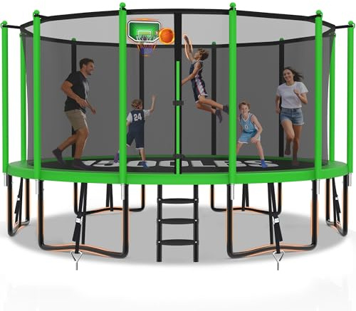 YORIN 1400LBS 14 FT for Adults 6-8 Kids w 4 Anchors Kit, Safety Enclosure Net, Basketball Hoop, Ladder, Green Outdoor Recreational Heavy Duty - ASTM CPC CPSIA Approved