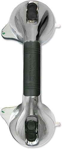 Poignée de Douche à Ventouses, Barre d'Appui Anti-dérapante, Fixation Sans Perçage, Support jusqu'à 45 kg, Indicateur Rouge/Vert, Montage Vertical ou Horizontal, Chrome