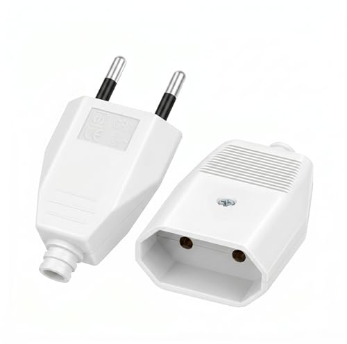 TAKUZA Eurostecker Flach & Kupplung 230V IP44 Außenbereich | 2 Stück Schuko Flachstecker Set, 2-polig ohne Erdung, Kupfer & Gummi, für 0,75mm² Kabel, für Garten & Balkon