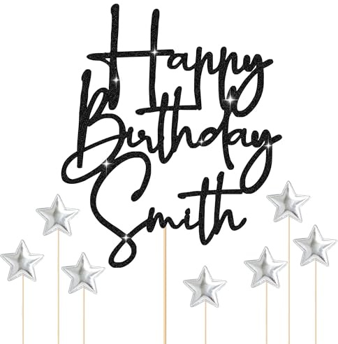 EDSG Personalised Happy Birthday Cake Topper, Non-shed Double-Sided Glitter Cake Decorations with Any Name, Birthday Party Supplies for Boys and Girls Women Man (with Silver Star Set)