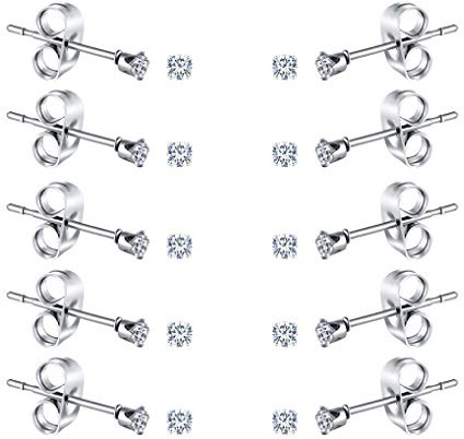 FOSIR 2-4MM Tiny Women's Stainless Steel Round Clear Cubic Zirconia Stud Earrings(10 Pairs)