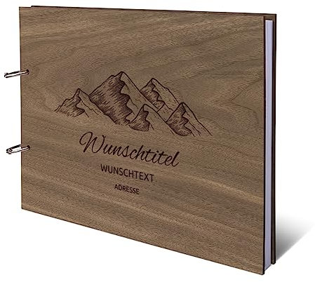 Ferienwohnung Gästebuch Nussbaum Holzcover mit individueller Gravur inkl. 72 Naturpapier Blätter DIN A4 quer 302 x 215 mm - Berge