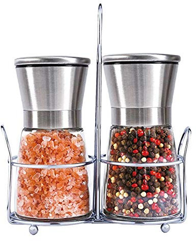 Salt and Pepper Mill Set with Stainless Stand, Adjustable Coarseness Refillable Salt and Pepper Grinder Set of 2, Ceramic Grinding Core and Durable Glass…