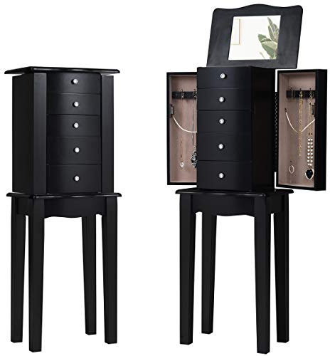 HOMGX Standing Cabinet Mirror, Wooden Chest, Bedroom Jewelry Armoires with 5 Drawers, Black Schmuckschrank mit Spiegel, Holz-Schmuckkiste, Schlafzimmer-Schmuck mit 5 Schubladen, Schwarz