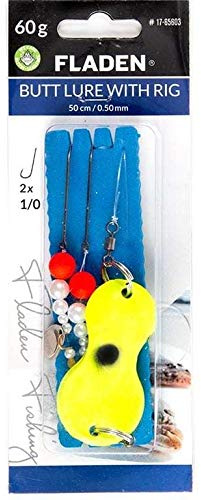 Fladen Buttlöffel-Vorfach - Butt Lure, Plattfischvorfach in Gelb, Gewichte 40g-120g, bleifrei, 50cm, Schnur 0,50mm, 2 Haken Gr. 1/0
