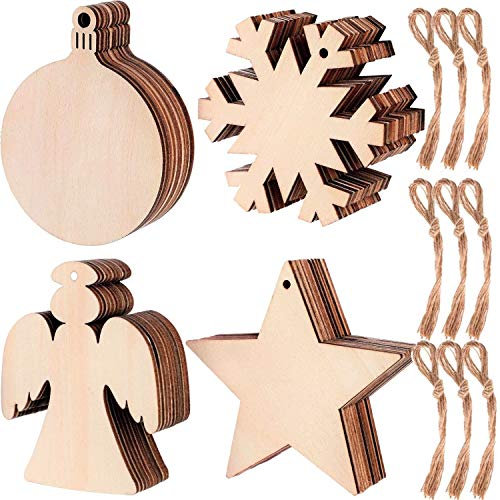KAHEIGN 80Pcs Weihnachten Holz Ornamente Runde Holz Scheiben, Schneeflocke Engel Sterne Laterne Form Holzscheibe mit 80pcs Schnüre für Weihnachtsbaum DIY Anhänger Dekoration