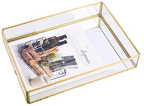 Tissting Bandeja de Espejo Dorado, Caja de Almacenamiento con Marco de Metal Vintage y Bandeja de Vidrio Transparente para Joyería y Cosméticos, 3 Tamaños, para Tocador, Dormitorio o Baño