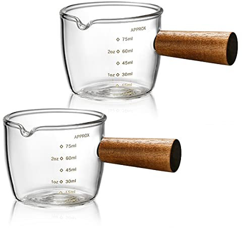 Mwellewm Single Spout Espresso Coffee Shot Glass with Wood Handle Measuring Cup Triple Pitcher Milk Cup Coffee Replacement Carafe for Barista Coffee Carafe Milk Espresso Making, 75 ml (2 Pieces)