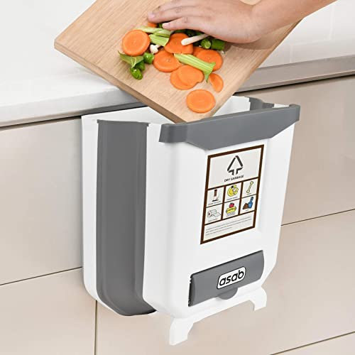 ASAB Collapsible Trash Bin Space Saving Bin Small Hanging Foldable 8L Waste Bin Folding Food Waste Kitchen Cabinet Garbage Holder Easy to Install Hanging Trash Can Home Kitchen Bathroom Storage Car