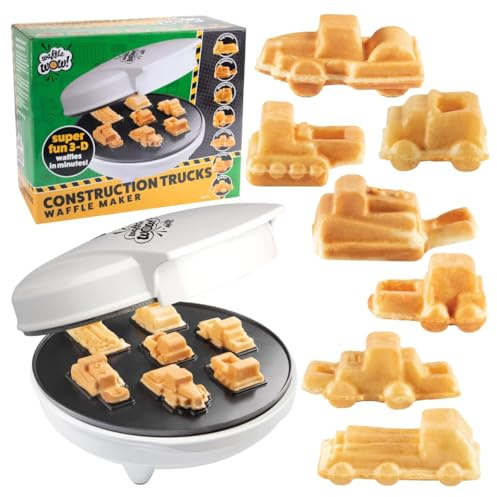Construction Trucks Mini Waffle Maker - Make 7 Different Vehicle Shaped Pancakes Featuring a Bulldozer Forklift & More- Electric Nonstick Pan Cake Car Waffler Iron, Breakfast for Kids or Gift for Him