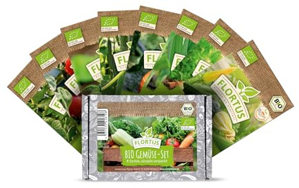 FLORTUS Bio Gemüsesamen Set aus 8 Sorten | Bio Saatgut aus Pflanzensamen | Ideal als Geschenk | Für Balkon und Garten draussen oder innen