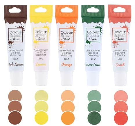 Colour Splash Naturals Food Colouring Gel Set - 5 Pack | Dark Brown, Lemon, Orange, Forest Green & Coral, 25g Tubes, Highly Concentrated