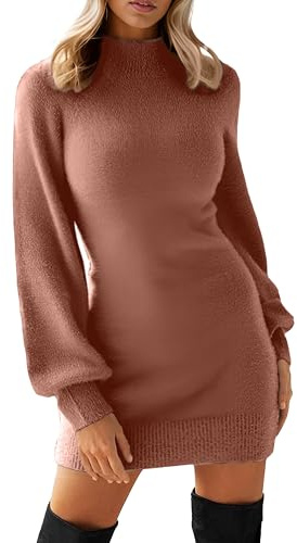 GRECERELLE Robe-pull en tricot pour femme - Col roulé - Manches longues - Coupe ajustée - Mini - Pull d’hiver pour dames, marron foncé, L