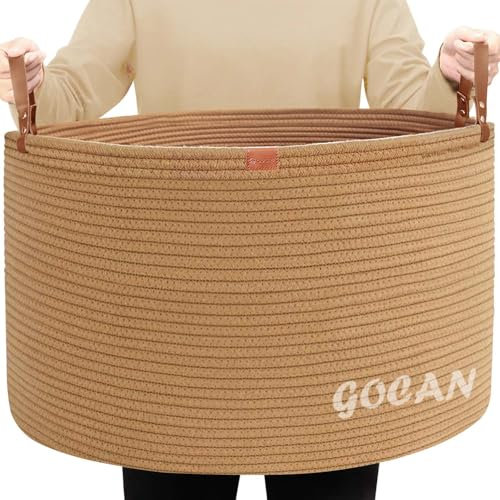GOCAN Extra großer Aufbewahrungs-Wäschekorb, 55,9 x 55,9 x 35,6 cm, Baumwollseil, gewebter Korb für Deckenkorb mit Griffen, für Wohnzimmer, Spielzeug, XXXL, reine Jute