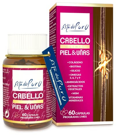 Cabello Piel y Uñas Estado Puro | Vitaminas para el Pelo | Biotina, Zinc, Saw Palmetto, Espino Amarillo | Anticaida Cabello Mujer y Hombre | Tratamiento 1 Mes | 60 Cápsulas Tongil