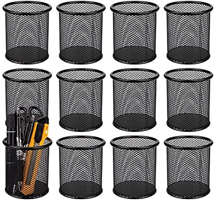 Yalych Stiftehalter 12er-Pack Stiftehalter aus Metall Mesh-Stiftehalter Schreibtisch-Organizer Runde Stifteschale Stifteschale for Schreibtisch Büro Stifte-Organizer Schwarzer Stifthalter Stifthalter