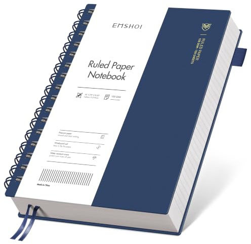 EMSHOI A5 Notebook Lined, Spiral Journal, 300 Pages, PVC Cover, Blue | 100GSM Paper, Flexible Plastic Cover, Notepad with Sticky Notes, Pocket, Pen Loop, Bookmark Ruler for Writing, 14.5 x 21cm