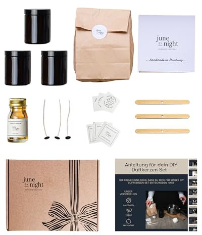 juneBYnight Kerzen Selber Machen Set, DIY Kerzenherstellung Kit für Starter Dufkerzen Geschenke, Sojawachs, Kerzenglas mit Deckel, Kerzendochte & ätherisches Öl - 3x180ml Vanille-Nuss