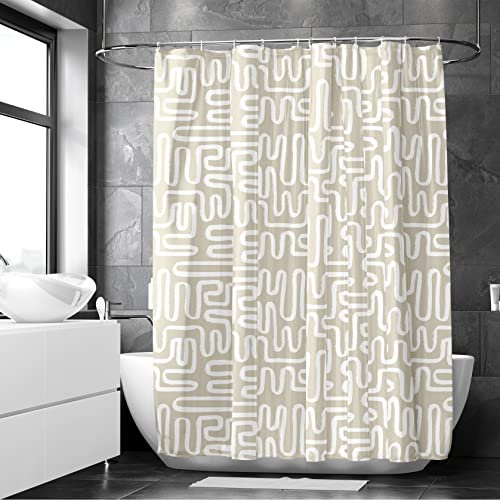 Encasa XO Badezimmer Duschvorhänge | Hochwertiger Polyester Stoff, Waschbar | Geeignet für Badewanne, Eckdusche, Kleine Räume | 180x180 cm | Boho Labyrinth Beige - 10 Kostenlose Haken Inklusive