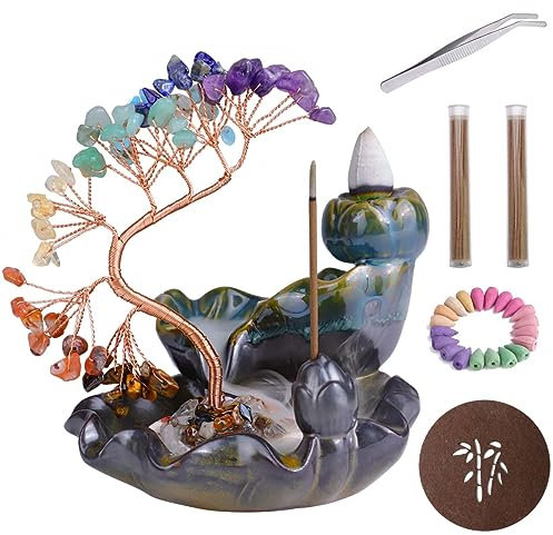 Bruciatore d'incenso a cascata, porta incenso a riflusso con albero di cristalli, porta incenso a 7 chakra con 60 coni d'incenso, 30 bastoncini d'incenso, ornamento per l'aromaterapia