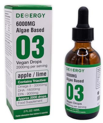 DEMERGY® Omega 3 Vegano en Gotas Solubles 2000mg Aceite de Alga Sumplemento Alta Concentración (DHA + EPA 600 mg) 2000 gotas clínicamente probadas antioxidante
