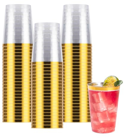 Goodluck 50PCS 10oz Gold Plastic Cups for Party, Reusable Gold Rim Cups, Plastic Cocktail Glasses for Wedding Thanksgiving, Christmas, and Parties