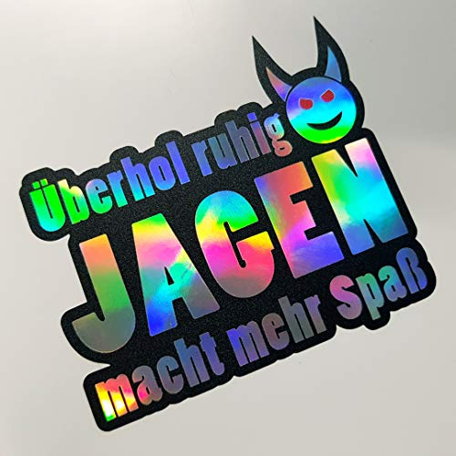 Folien-Zentrum - 2x Überhol ruhig jagen Macht mehr Spaß Oilslick Schwarz 8,5 x 7,5 cm- hochwertiger Aufkleber Auto Tuning - OEM & JDM Autosticker - Lustige Sticker Aufkleber für Car - Made in Germany
