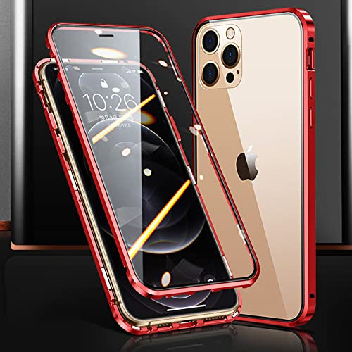 DBULIU Custodia per telefono magnetica in vetro a doppia faccia con struttura in metallo per iPhone 15 14 13 12 Pro Max X XS 8 7 14 Plus 13 12Mini copriobiettivo per fotocamera, rosso, per iPhone 13
