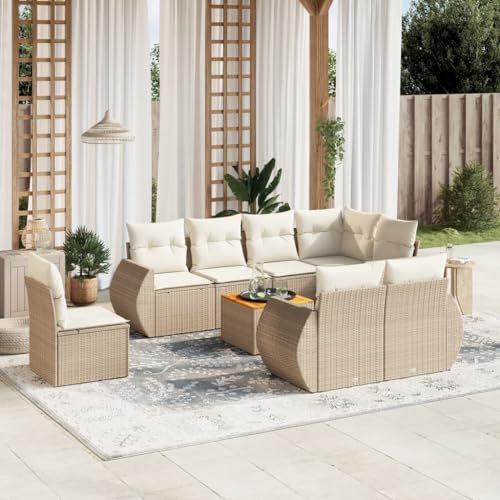 Rantry 9-TLG. Gartenmöbel Set mit Kissen Gartensofa Gartenlounge Balkonsofa Loungesofa Ecklounge Ecksofa Balkonmöbel Sitzgruppe mit Gartentisch Loungemöbel Beige Poly Rattan
