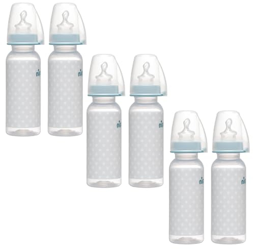 NIP PP Flasche 6er Set, Standardbabyflasche 250 ml, angenehm weiches PP,kiefergerechter Sauger Silikon Anti-Kolik Ventil Größe S (Muttermilch, Pre-Nahrung/ab 0 Monate) inkl. Verschlußplättchen