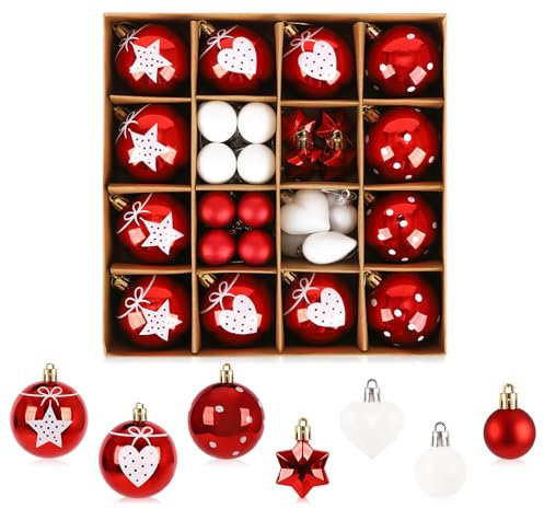 ilauke Christmas Balls, 36 pièces d'ornements de Noël en Plastique - Décorations Classiques pour Le Sapin de Noël, Les fêtes et Les Mariages - Rouge et Blanc